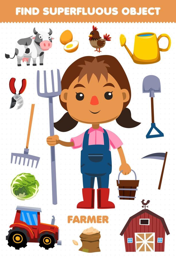 juego educativo para niños encuentra los objetos superfluos para la hoja de trabajo imprimible del agricultor de profesión de dibujos animados lindo vector