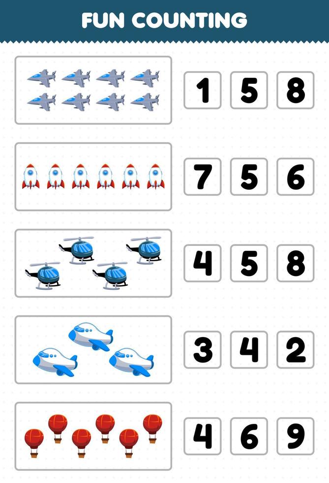 Education game for children fun counting and choosing the correct number of cartoon air transportation jet fighter rocket helicopter plane balloon printable worksheet vector