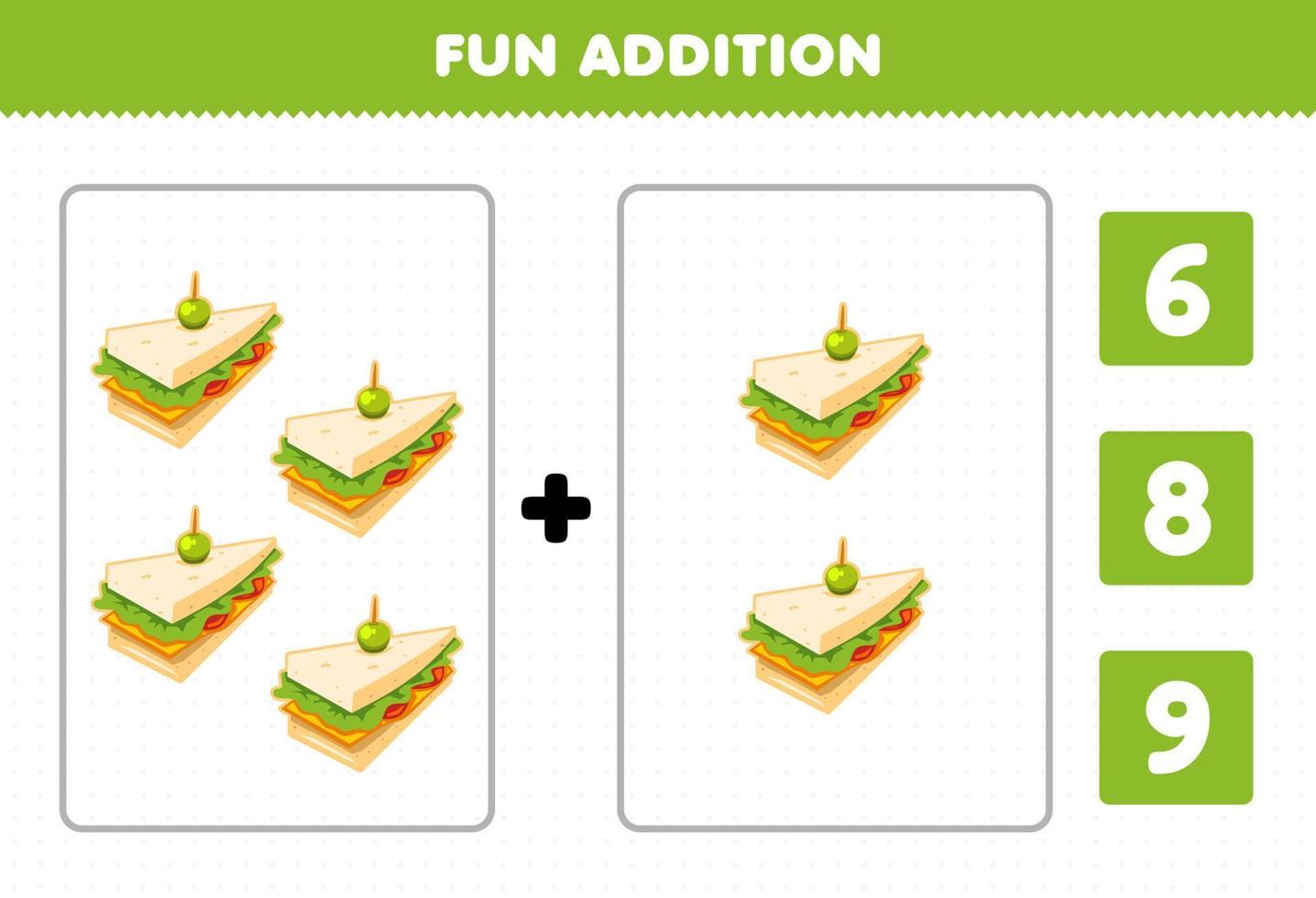 Education game for children fun addition by count and choose the correct answer of cartoon food sandwich printable worksheet vector