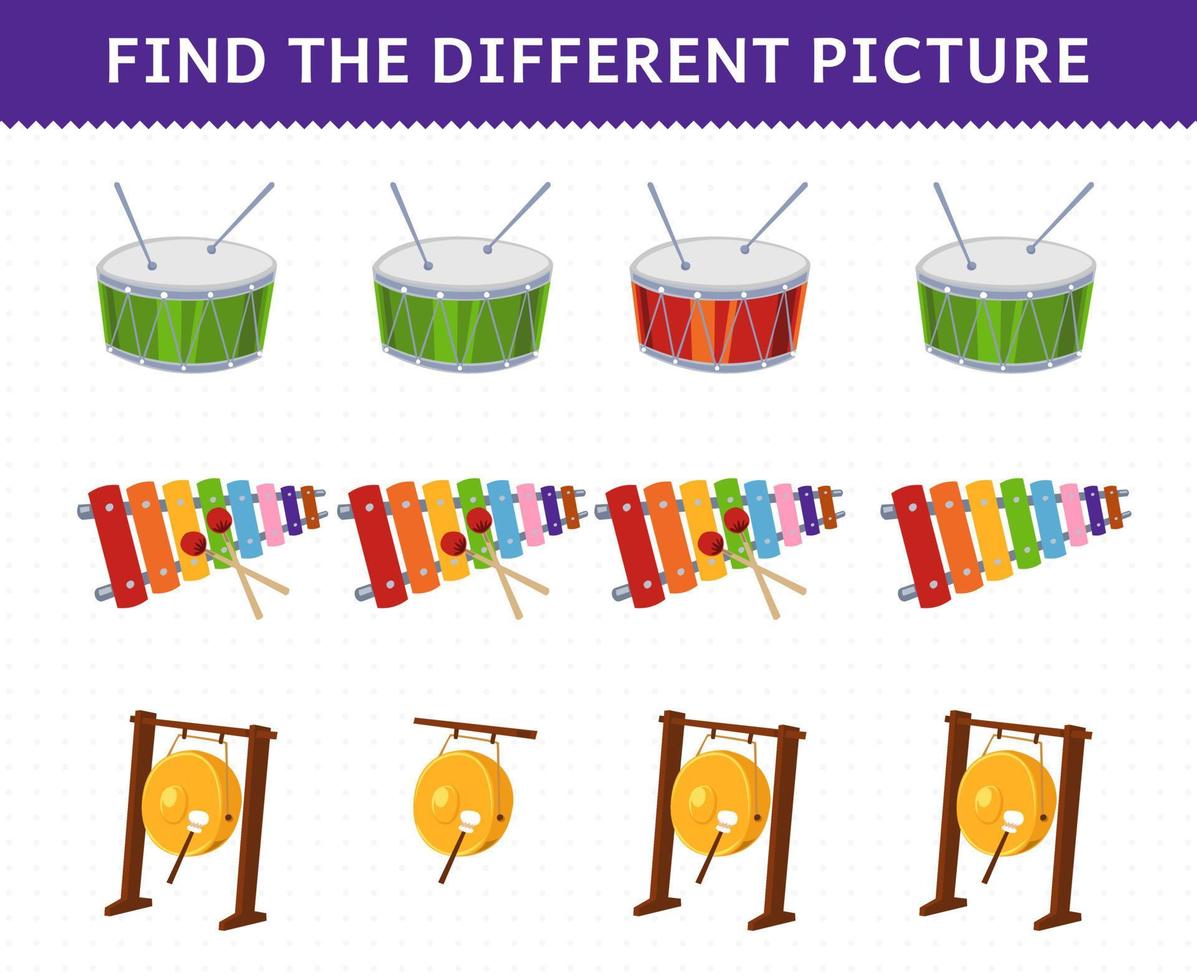 Education game for children find the different picture in each row of cartoon music instrument drum xylophone gong printable worksheet vector