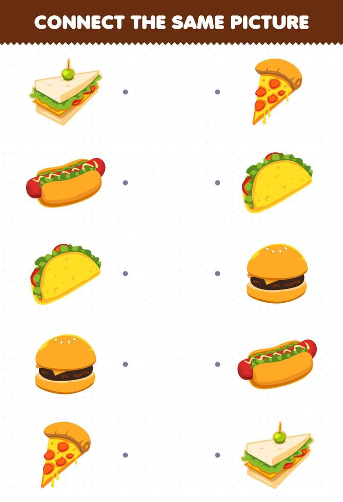 juego educativo para niños conectar la misma imagen de dibujos animados comida sándwich hotdog taco hamburguesa pizza hoja de trabajo imprimible vector