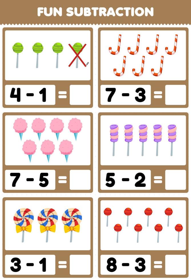 Education game for children fun subtraction by counting and eliminating cartoon food candy worksheet vector