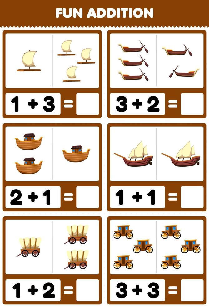 Education game for children fun addition by counting and sum cute cartoon wooden transportation raft gondola ark xebec wagon carriage pictures worksheet vector