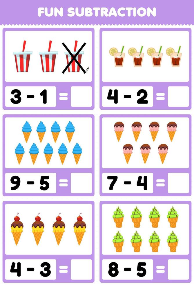 Education game for children fun subtraction by counting and eliminating cartoon drink tea ice cream worksheet vector