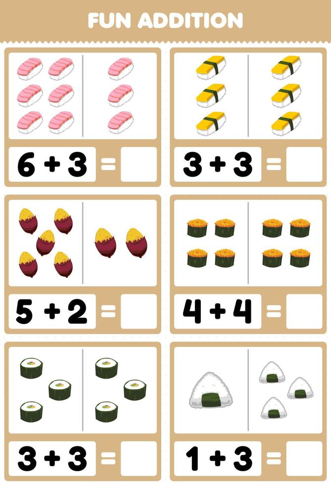 juego educativo para niños suma divertida contando y sumando dibujos animados comida japonesa sushi yam imágenes hoja de trabajo 9989645 Vector en Vecteezy juego educativo para niños suma divertida contando y sumando dibujos animados comida japonesa sushi yam imágenes hoja de trabajo 9989645 Vector en Vecteezy