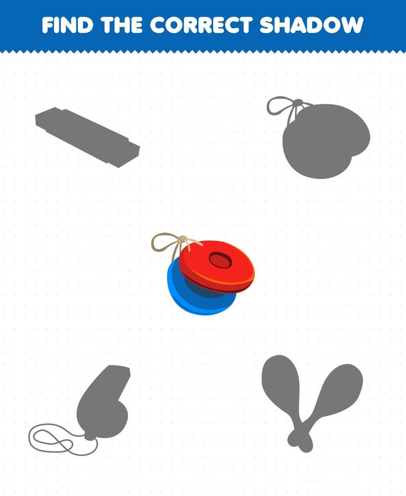 Education game for children find the correct shadow set of cartoon music instrument castanet vector