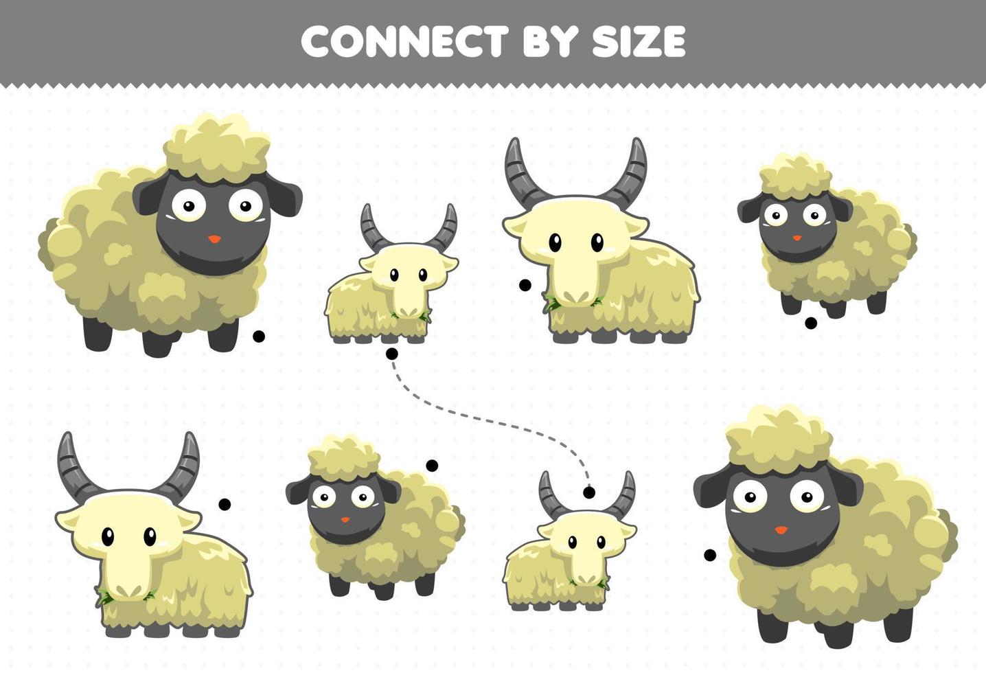 juego educativo para niños conectado por el tamaño de la hoja de trabajo imprimible de ovejas y cabras animales de dibujos animados lindo vector