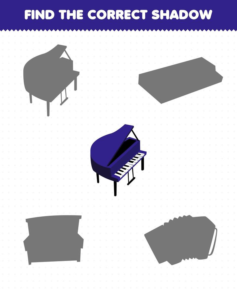 Education game for children find the correct shadow set of cartoon music instrument piano vector
