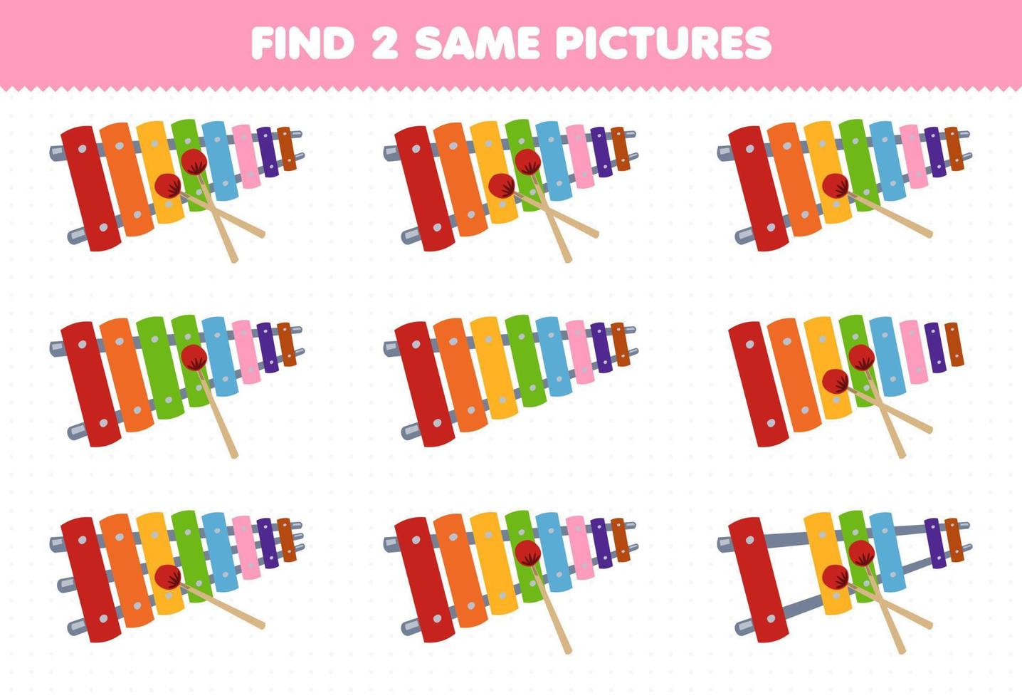 juego educativo para niños encontrar dos imágenes iguales instrumento musical de dibujos animados xilófono hoja de trabajo imprimible vector