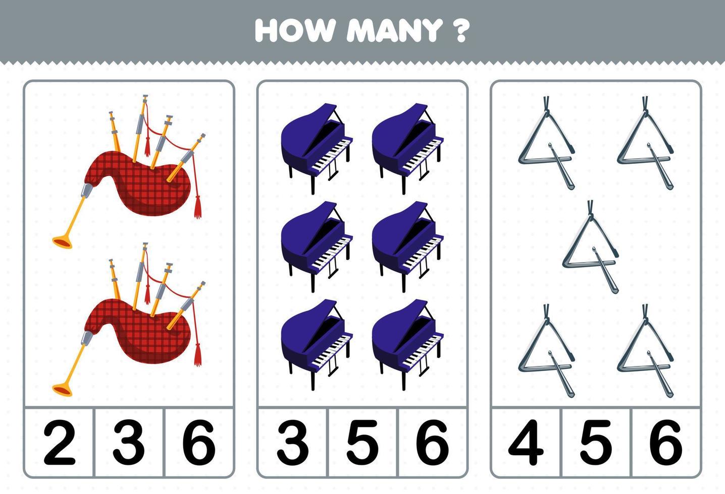 Education game for children counting how many cartoon music instrument bagpipes piano triangle printable worksheet vector