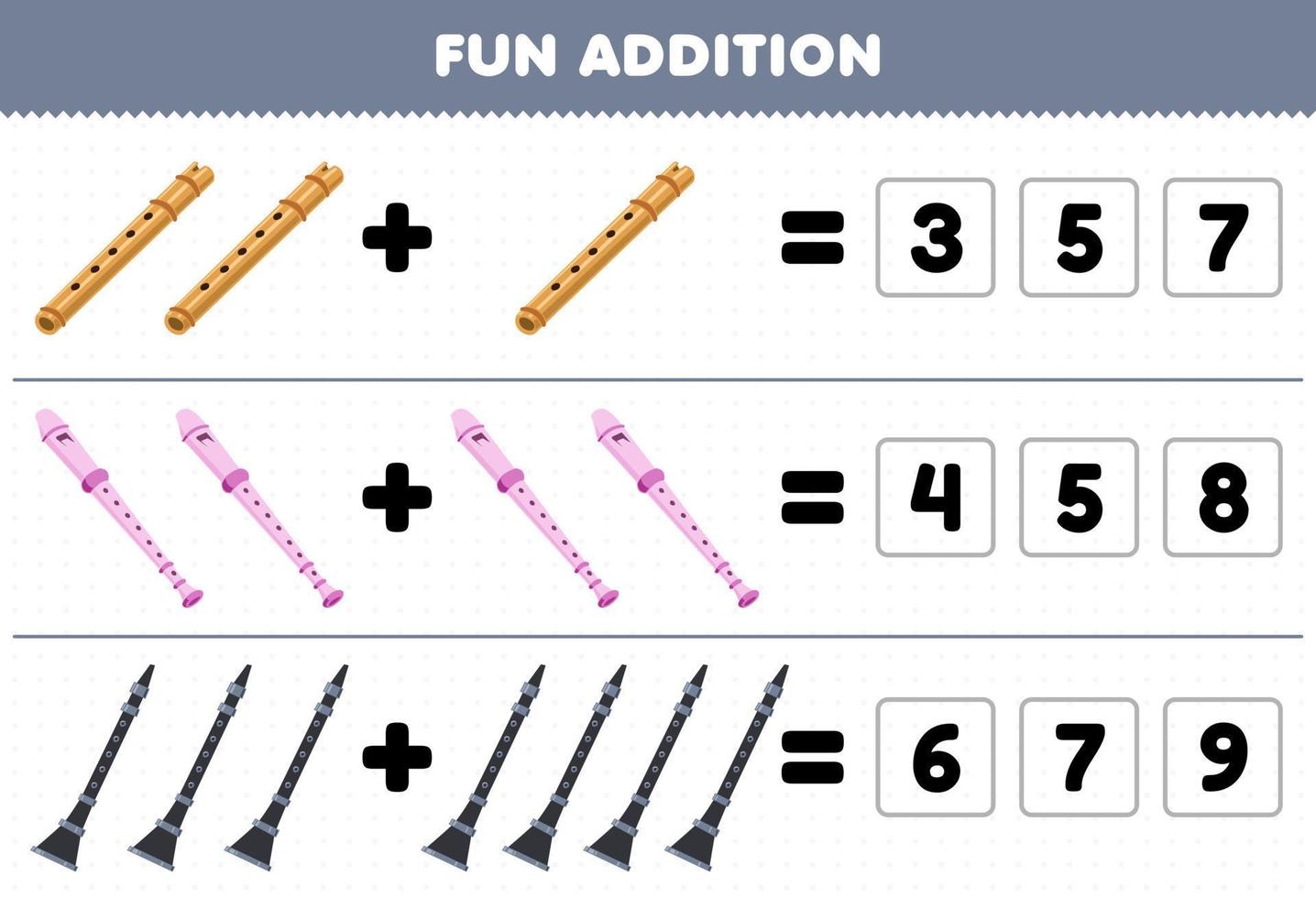 Education game for children fun addition by guess the correct number of cartoon music instrument flute recorder clarinet printable worksheet vector