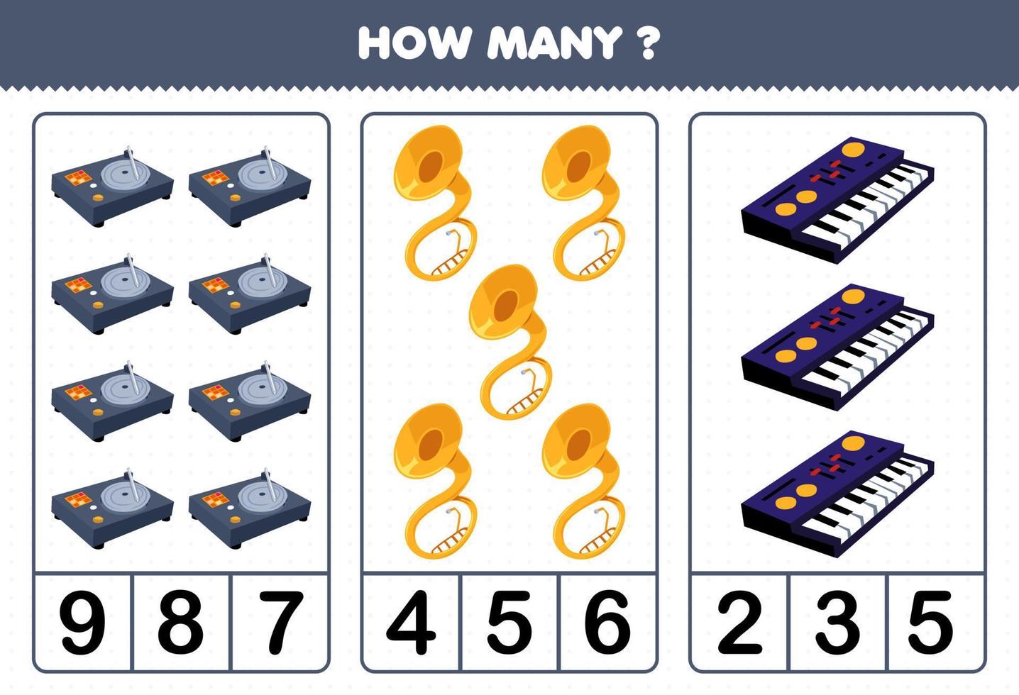 Education game for children counting how many cartoon music instrument turntable sousaphone synthesizer printable worksheet vector