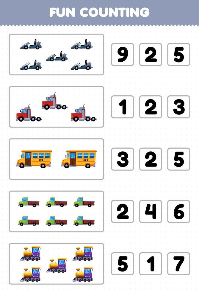 Education game for children fun counting and choosing the correct number of cartoon land transportation go cart convoy truck bus pickup truck train locomotive printable worksheet vector