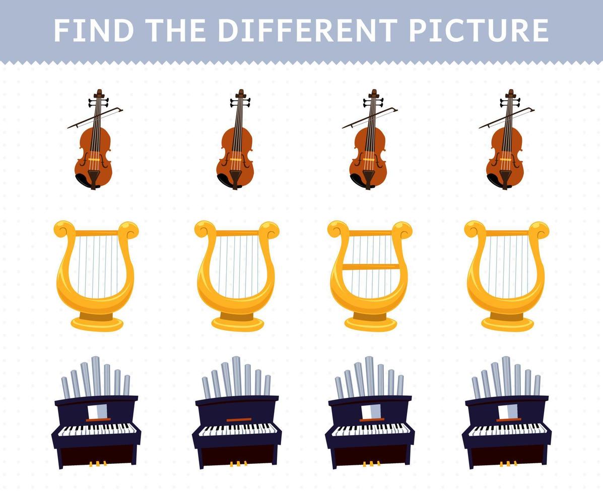 juego educativo para niños encuentra la imagen diferente en cada fila de dibujos animados instrumento musical violín lira órgano hoja de trabajo imprimible vector