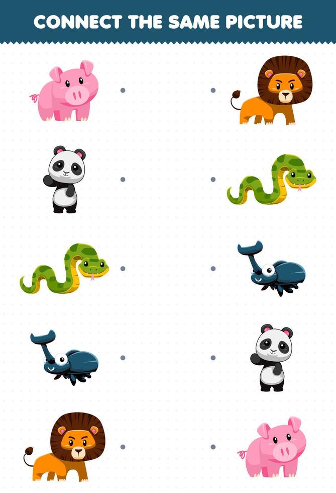 Education game for children connect the same picture of cute cartoon animal pig panda snake beetle lion printable worksheet vector