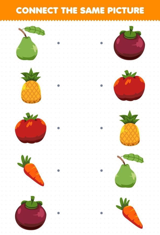 Education game for children connect the same picture of cartoon fruit and vegetable guava pineapple tomato carrot mangosteen printable worksheet vector