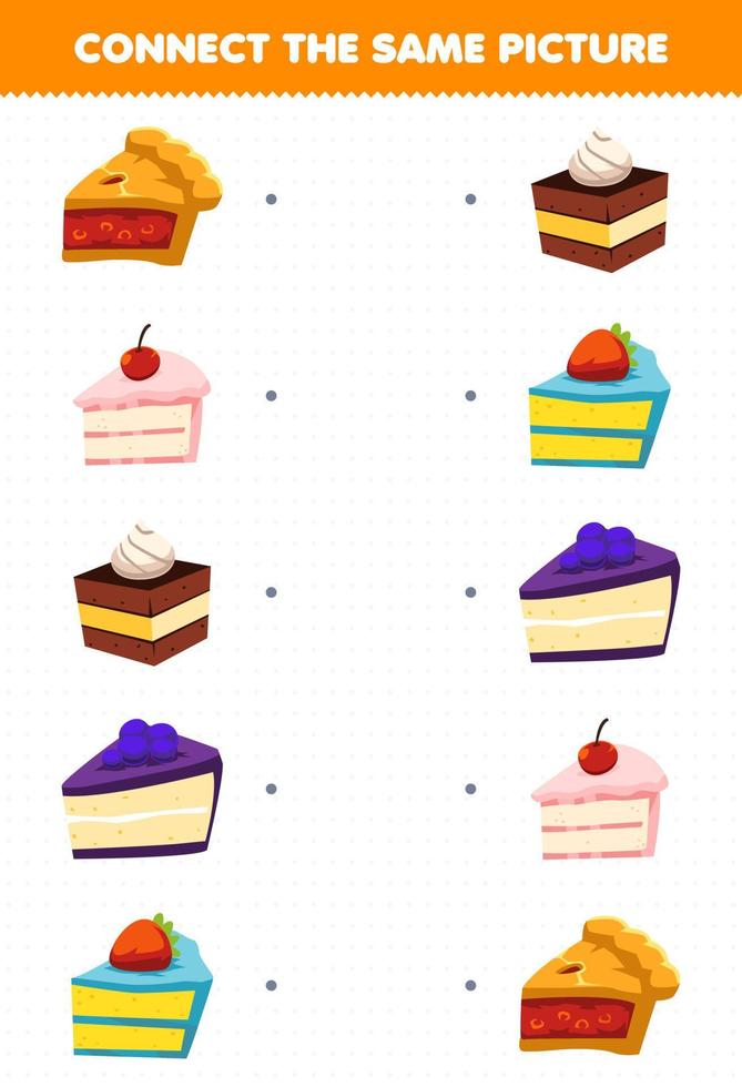 juego educativo para niños conecta la misma imagen de la hoja de trabajo imprimible de pastel de comida de dibujos animados vector