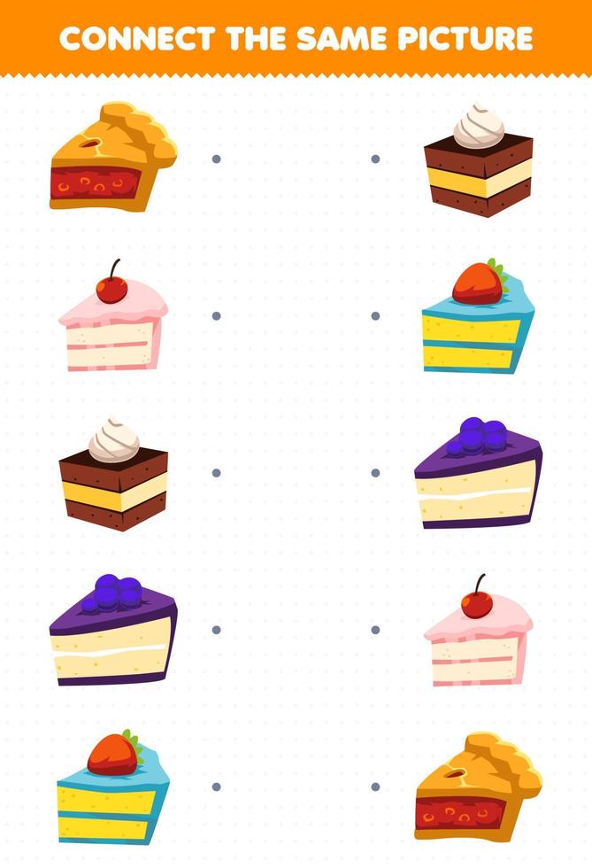 Education game for children connect the same picture of cartoon food pie cake printable worksheet vector