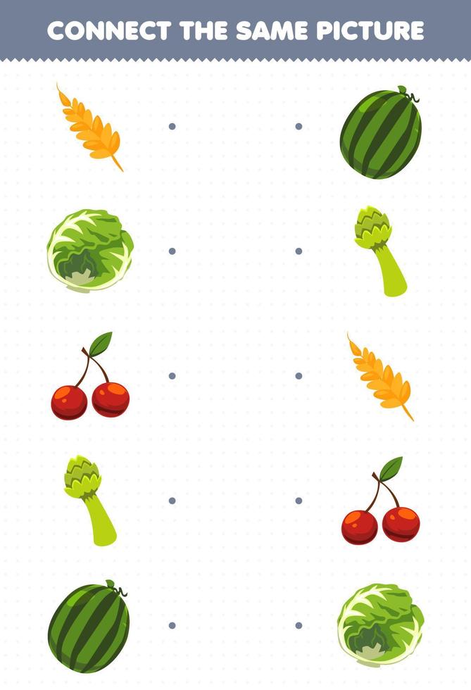 Education game for children connect the same picture of cartoon fruit and vegetable wheat cabbage cherry asparagus watermelon printable worksheet vector