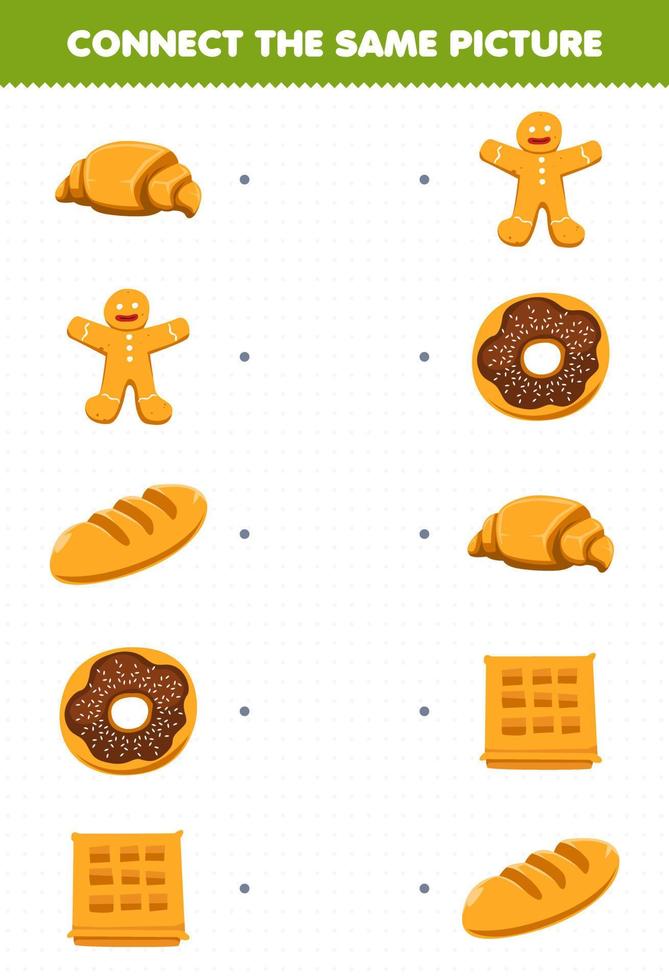 Education game for children connect the same picture of cartoon food croissant gingerbread bread donut waffle printable worksheet vector