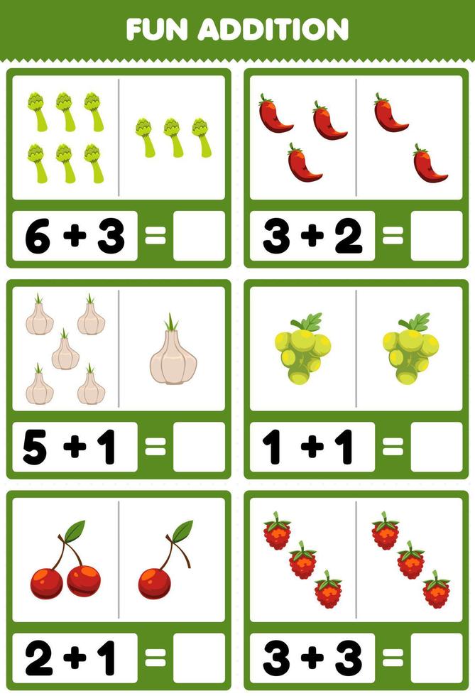 Education game for children fun addition by counting and sum cartoon asparagus chilli garlic grape cherry strawberry pictures worksheet vector