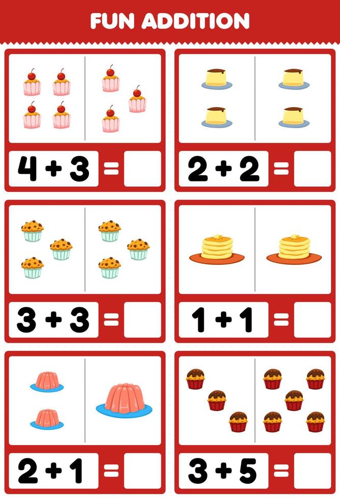 Education game for children fun addition by counting and sum cartoon food cupcake flan muffin pancake jelly pictures worksheet vector