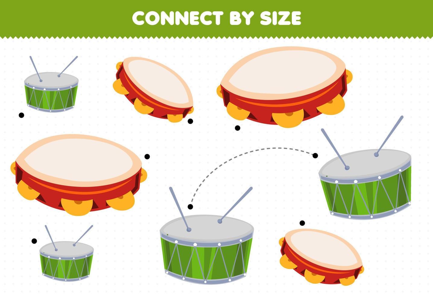 Educational game for kids connect by the size of cartoon music instrument tambourine and drum printable worksheet vector