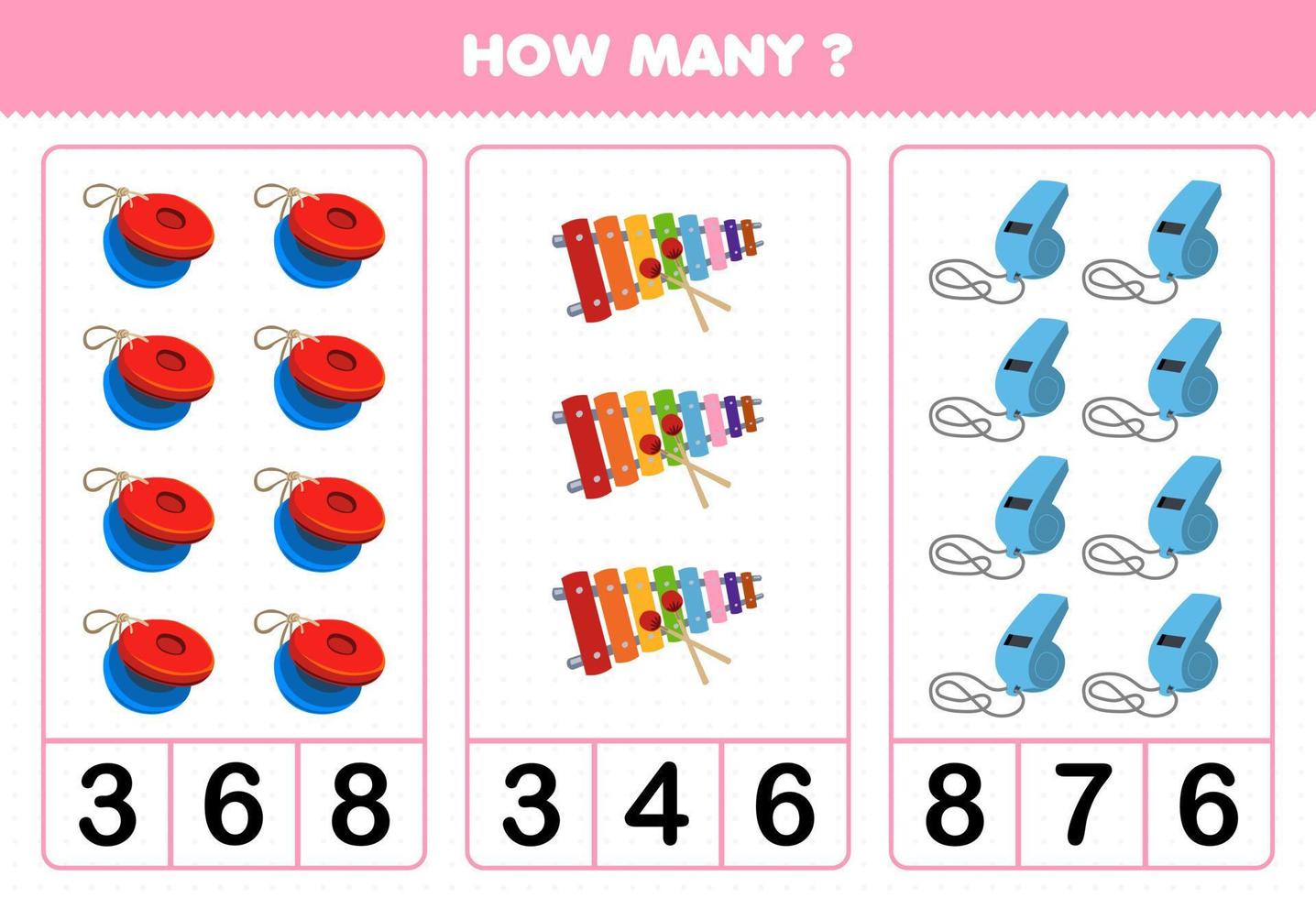 Education game for children counting how many cartoon music instrument castanet xylophone whistle printable worksheet vector