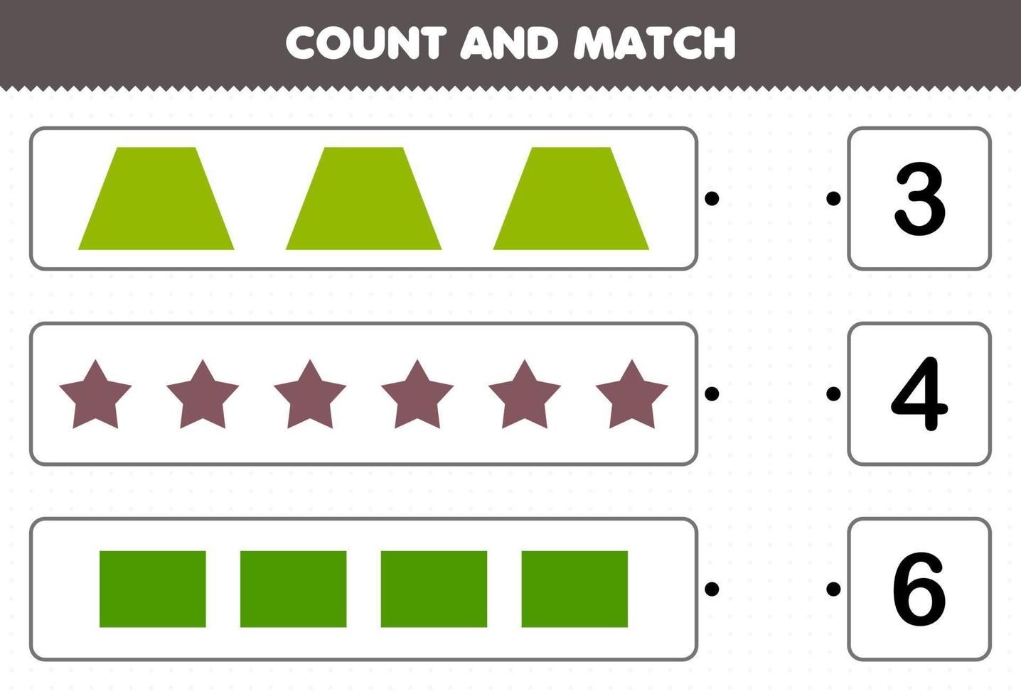 Education game for children count and match count the number of geometric shape trapezoid star rectangle and match with the right numbers printable worksheet vector