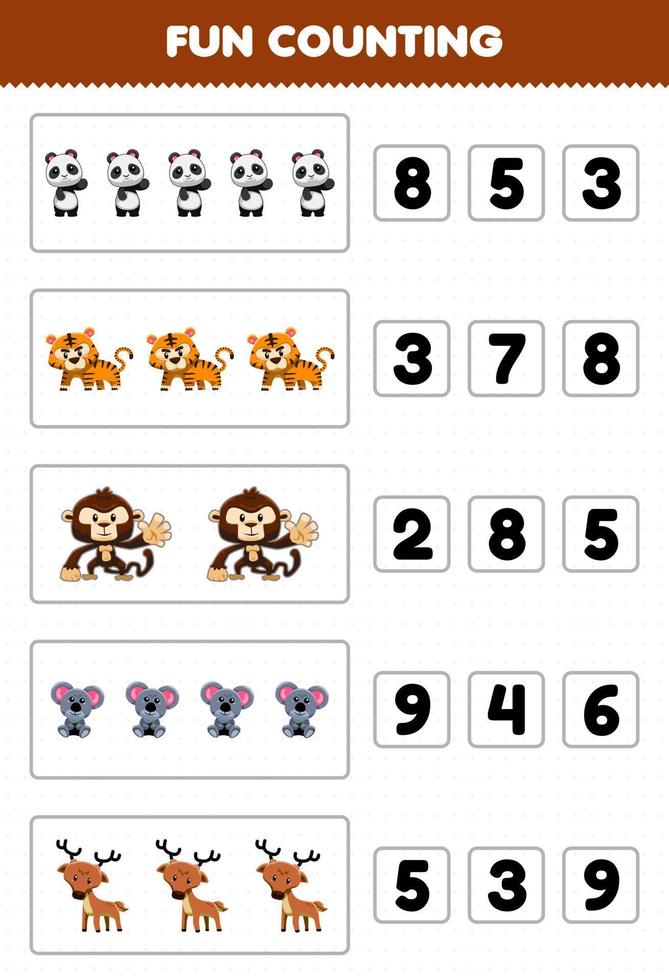 Education game for children fun counting and choosing the correct number of cute cartoon forest animal panda tiger monkey koala deer printable worksheet vector