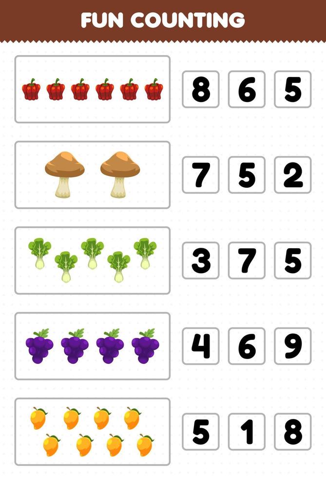 juego educativo para niños diversión contando y eligiendo el número correcto de dibujos animados de frutas y verduras pimentón champiñón lechuga uva mango hoja de trabajo imprimible vector