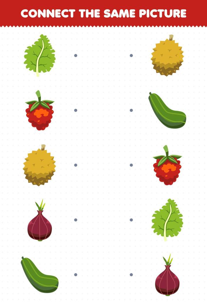 Education game for children connect the same picture of cartoon fruit and vegetable kale raspberry durian shallot cucumber printable worksheet vector