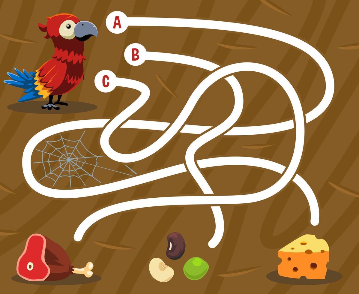 Maze puzzle game for children with cute cartoon animal parrot looking for the correct food beef peanut or cheese printable worksheet vector