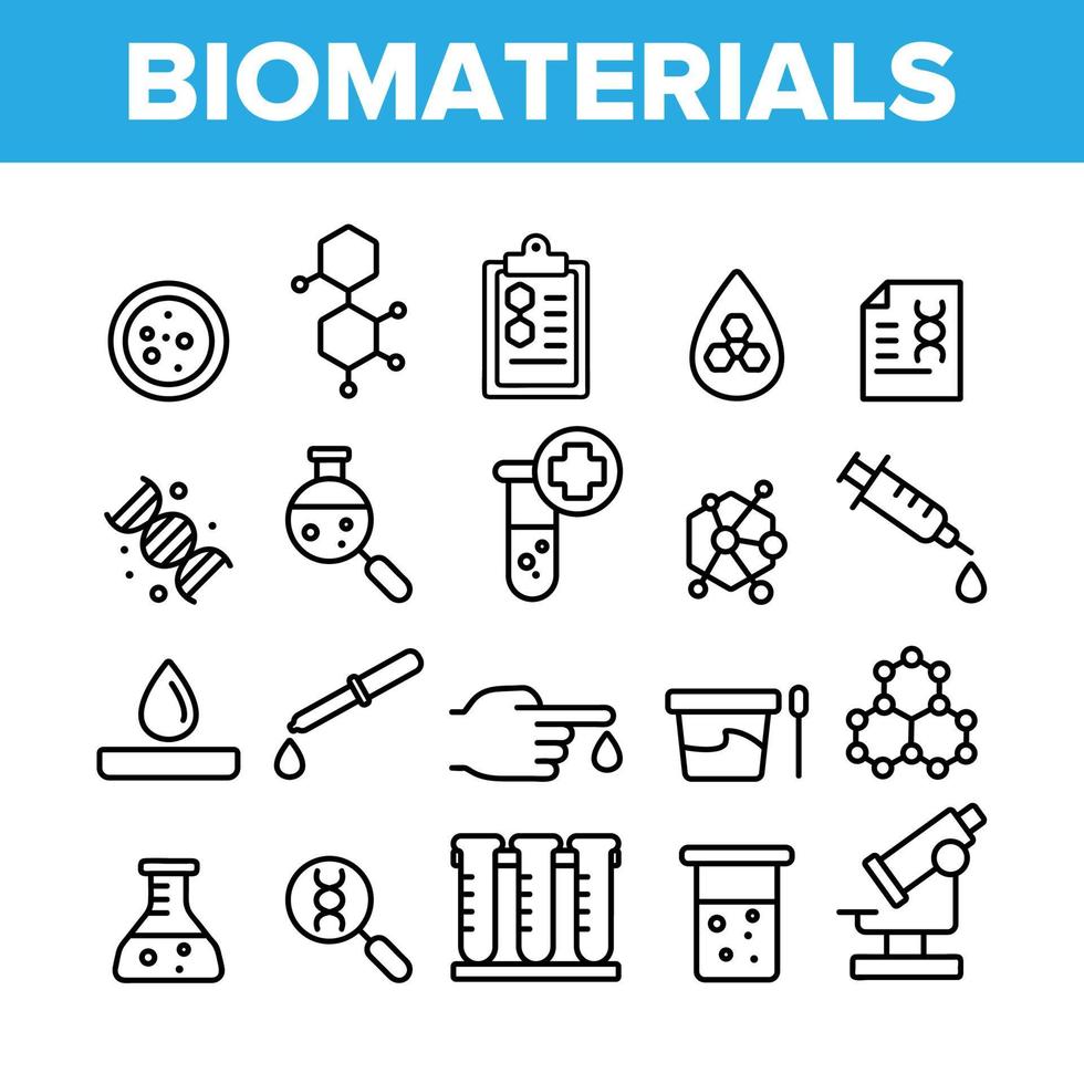 biomateriales, conjunto de iconos lineales vectoriales de análisis médico vector