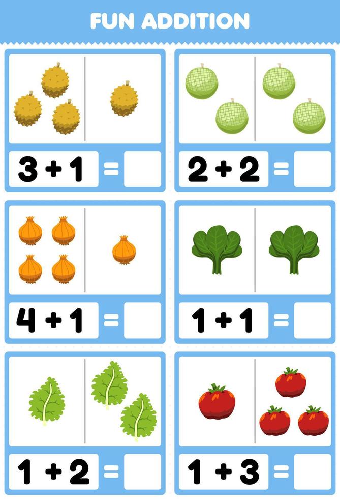 Education game for children fun addition by counting and sum cartoon durian melon onion spinach kale tomato pictures worksheet vector