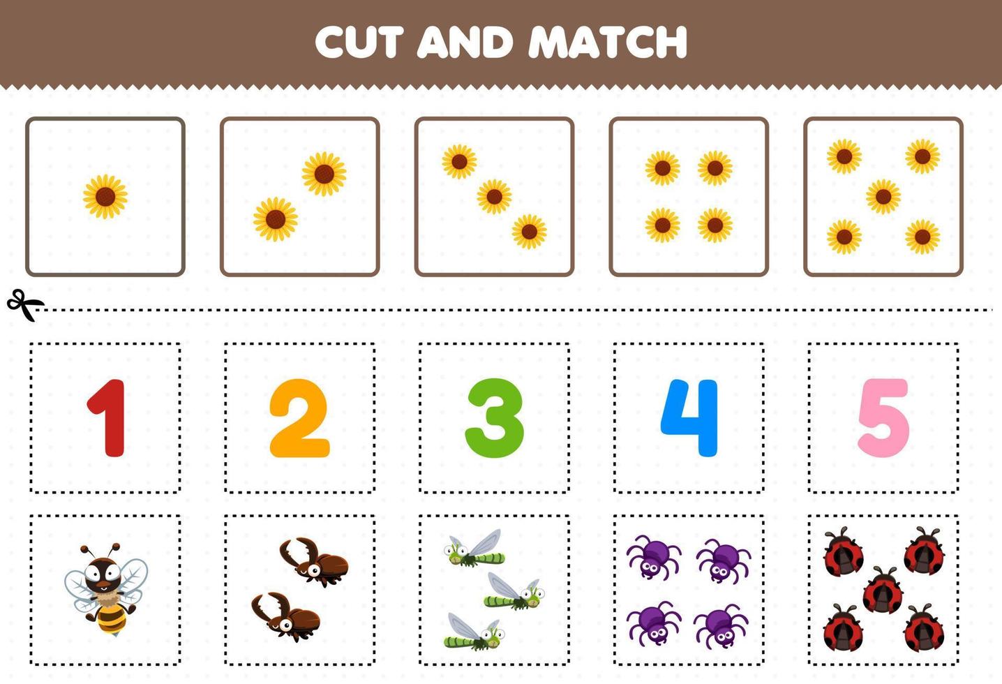 Education game for children cut and match the same number of cute cartoon bug animal printable worksheet vector