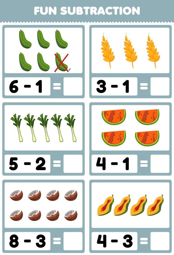 Education game for children fun subtraction by counting and eliminating cartoon fruits and vegetables cucumber wheat leek watermelon coconut papaya worksheet vector