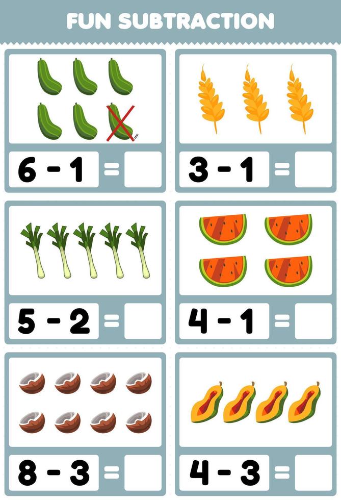 juego educativo para niños diversión resta contando y eliminando dibujos animados frutas y verduras pepino trigo puerro sandía coco papaya hoja de trabajo vector