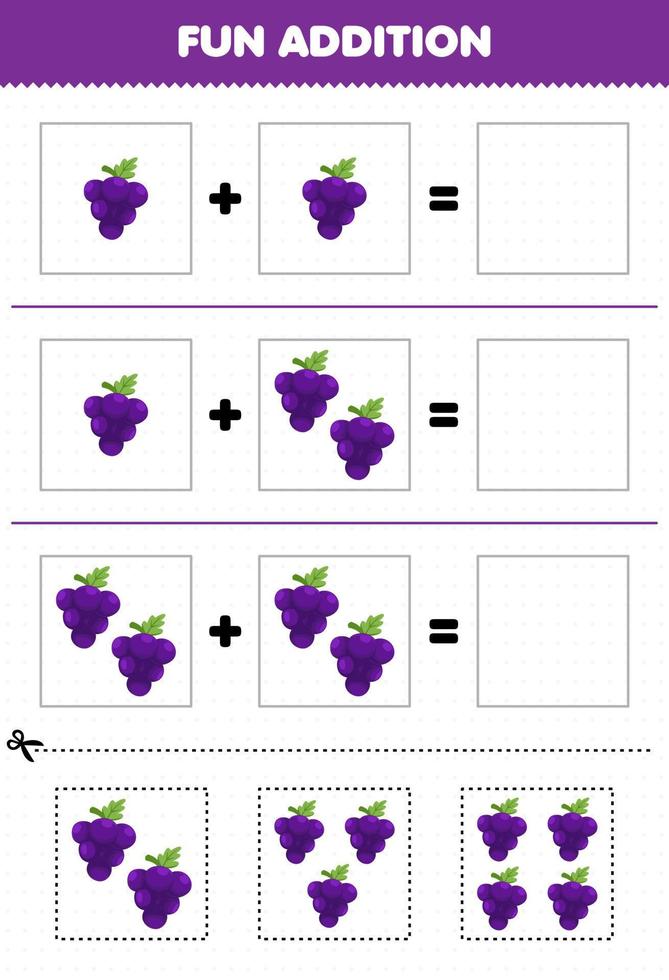 Education game for children fun addition by cut and match cartoon fruit grape pictures worksheet vector