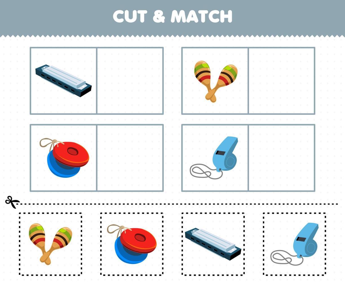 Education game for children cut and match the same picture of cartoon music instrument harmonica maracas castanet whistle vector