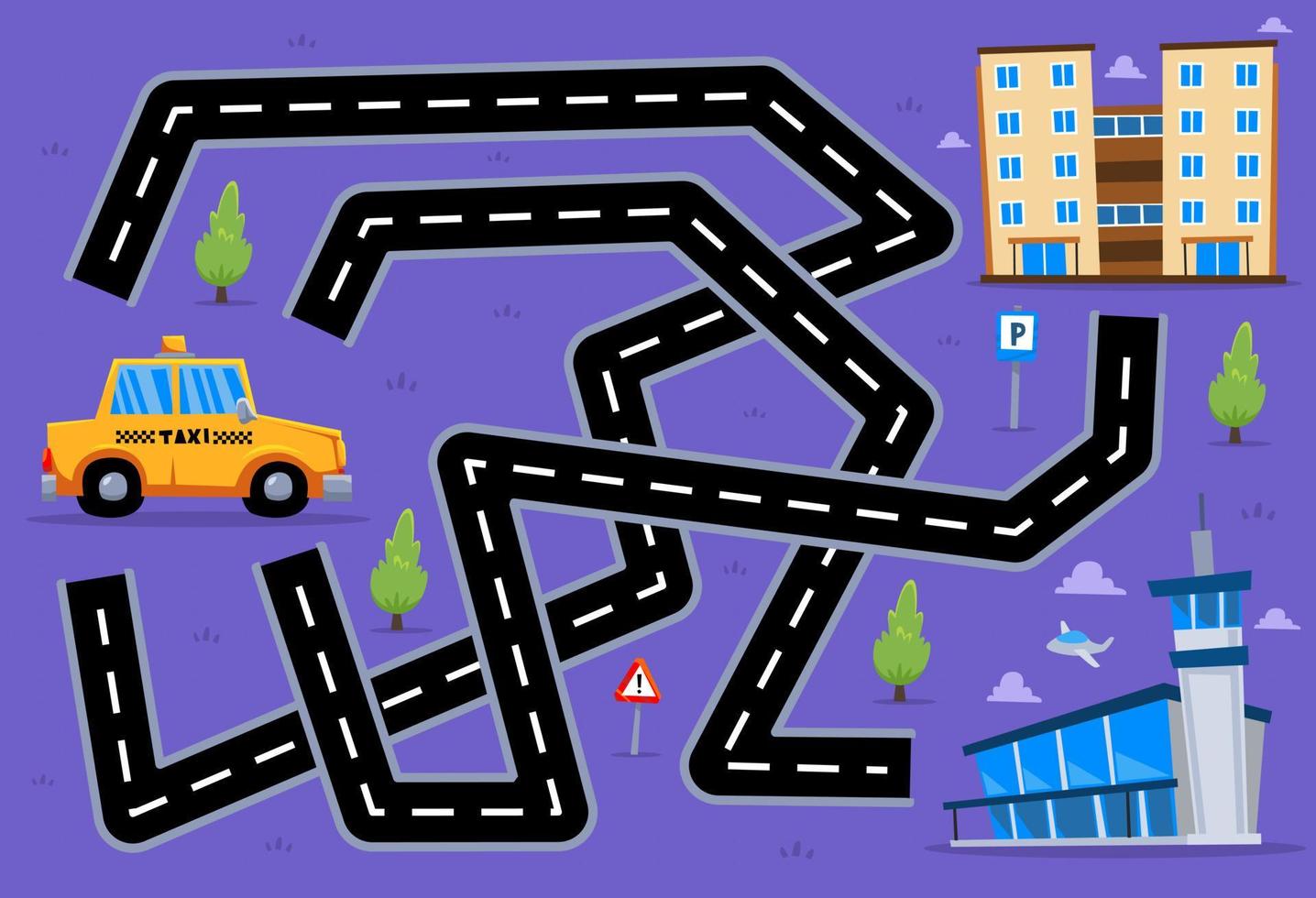 Maze puzzle game for children help cartoon transportation taxi find the right path to the building or airport vector