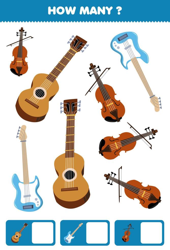 juego educativo para niños buscando y contando cuántos objetos dibujos animados instrumento musical guitarra bajo violín hoja de trabajo imprimible vector