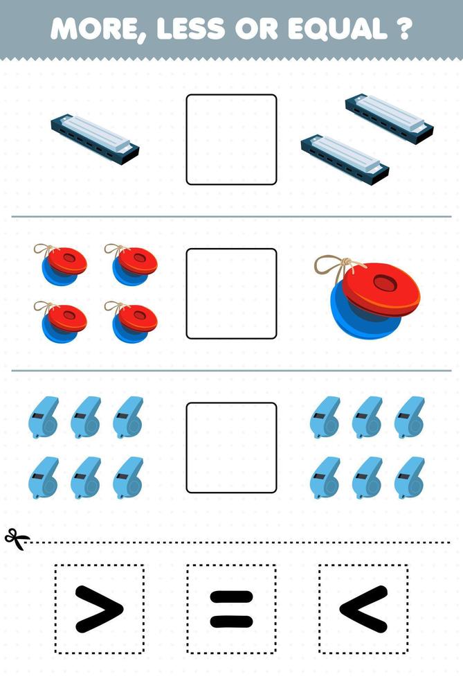 juego educativo para niños más menos o igual contar la cantidad de dibujos animados instrumento musical armónica castañuela silbar luego cortar y pegar cortar el signo correcto vector