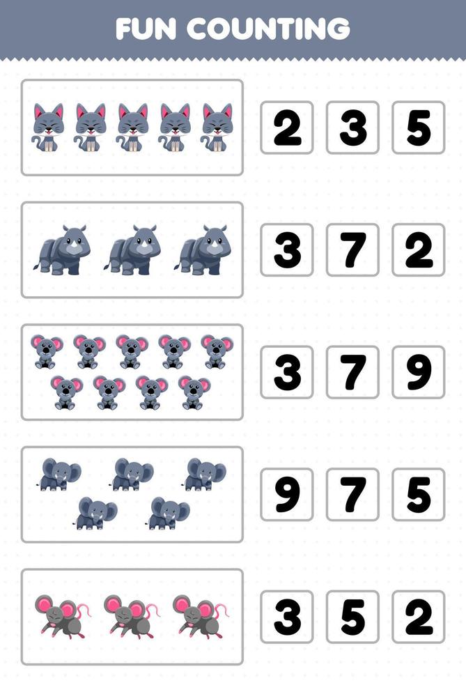 Education game for children fun counting and choosing the correct number of cute cartoon gray animal cat rhino koala elephant mouse printable worksheet vector