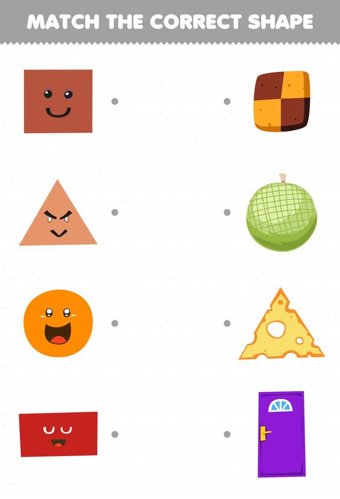 juego educativo para niños unir la forma correcta del objeto geométrico cuadrado galleta triángulo queso círculo melón rectángulo puerta hoja de trabajo imprimible vector