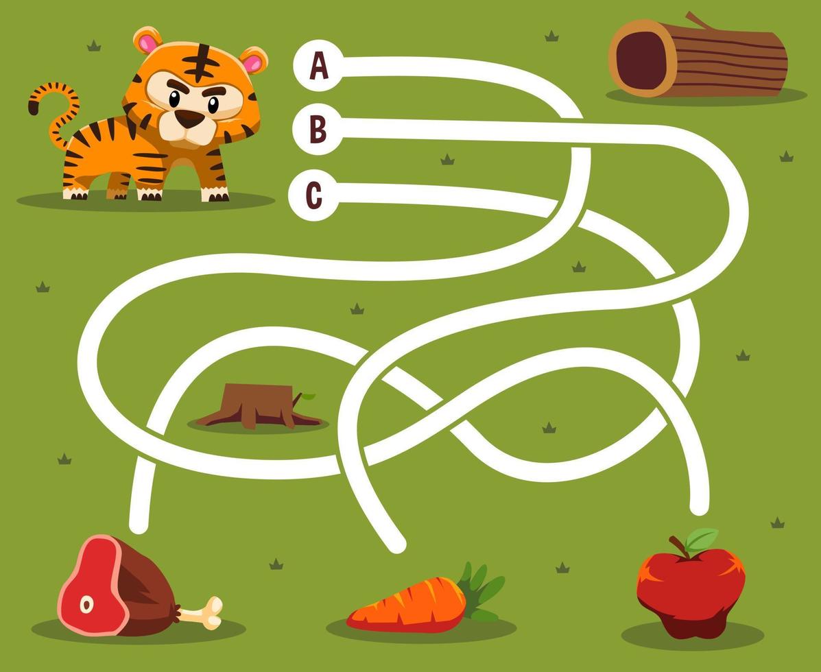 Maze puzzle game for children with cute cartoon animal tiger looking for the correct food beef carrot or apple printable worksheet vector