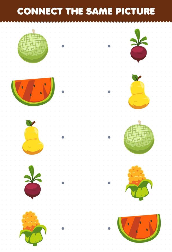Education game for children connect the same picture of cartoon fruit and vegetable melon watermelon pear beet corn printable worksheet vector