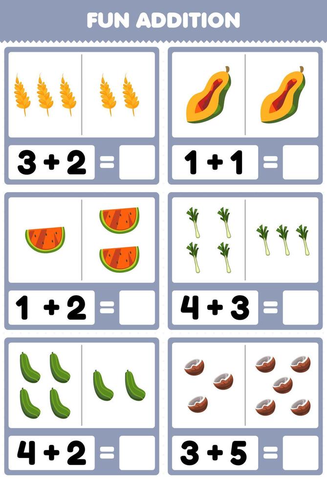 Education game for children fun addition by counting and sum cartoon wheat papaya watermelon leek cucumber coconut pictures worksheet vector