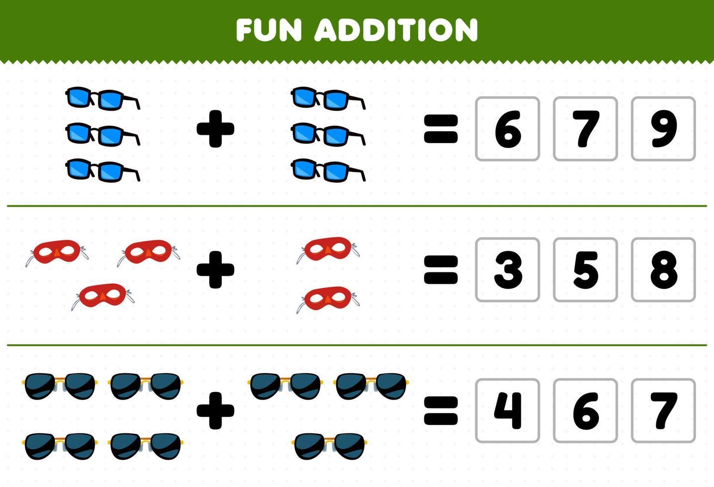 juego educativo para niños adición divertida adivinando el número correcto de accesorios portátiles gafas máscara gafas de sol hoja de trabajo imprimible vector