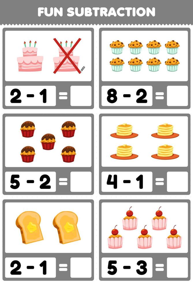 Education game for children fun subtraction by counting and eliminating cartoon food cake cupcake pancake toast worksheet vector